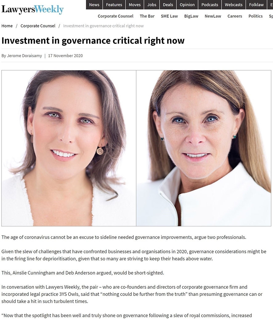 3YS Owls Ainslie Cunningham and Deb Anderson Laywers Weekly Governance Article