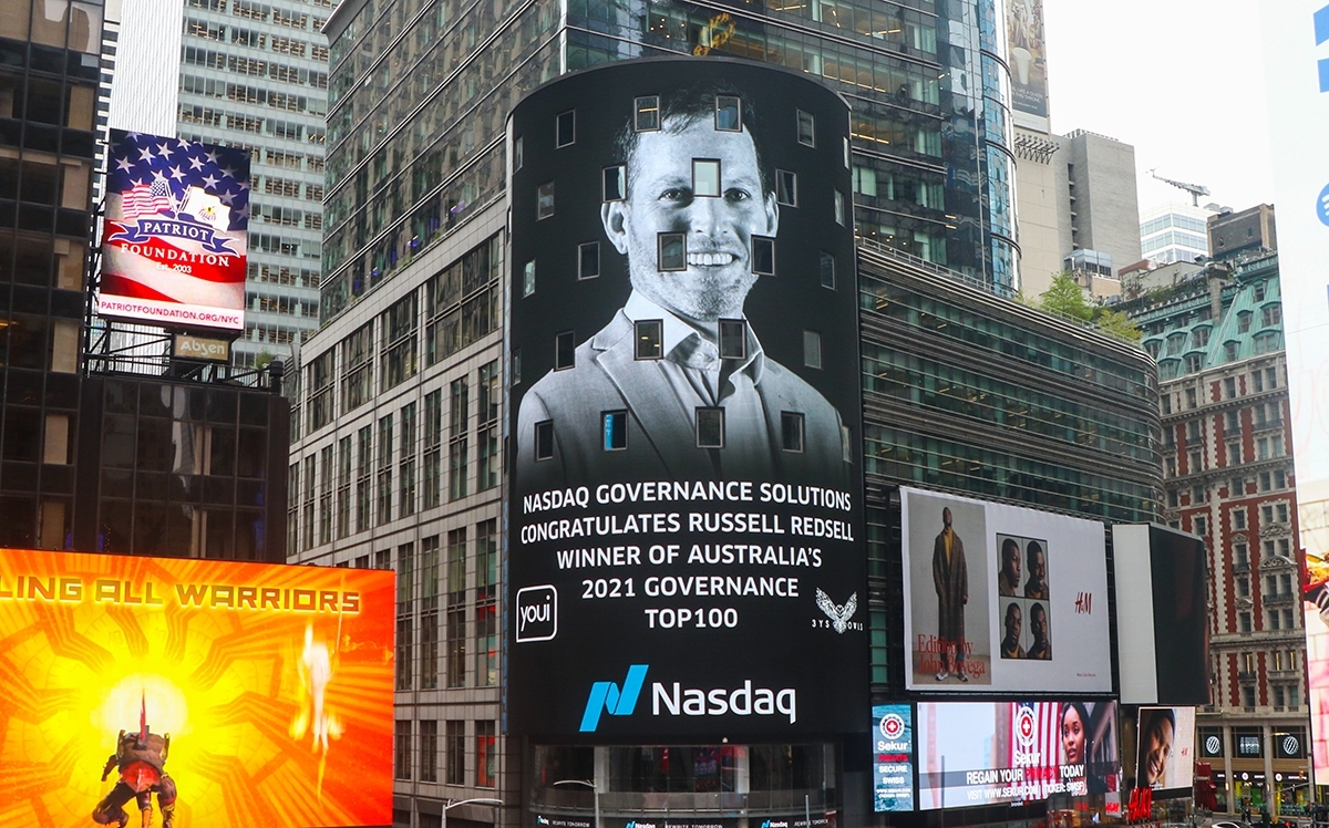 2021 Governance Top 100 winner Nasdaq NYC Times Square Russell Redsell