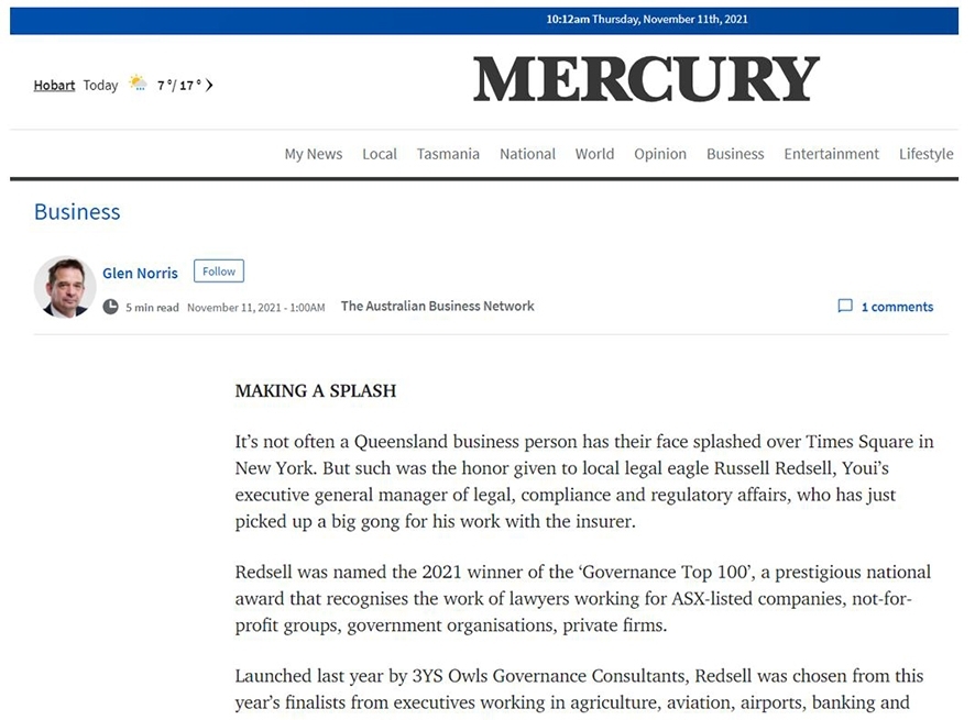 Mercury 3YS Owls Governance Top 100 Winner Russell Redsell