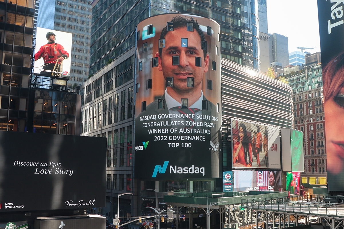 2022 Governance Top 100 winner Nasdaq NYC Times Square Zoheb Razvi